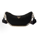 PRADA Re-Nylon Demi-lune metal hardware accessories, enamel-coated triangular metal logo, half-moon bag, single-shoulder bag for women, black